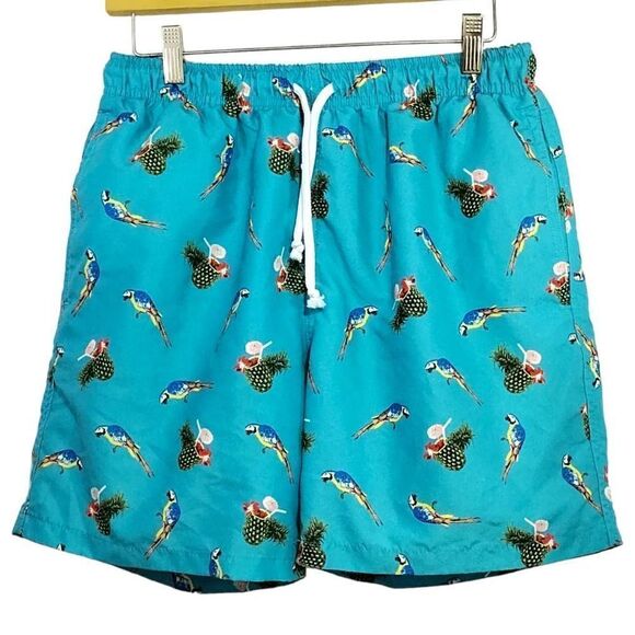 Crown & Ivy Teal Parrot Swim Trunks Mens Sz M - Picture 1 of 8